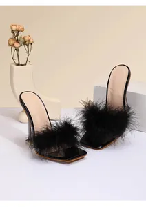 Macro view of black high heel sandals with fluffy faux fur trim and clear heels.