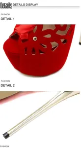 Detaillierte Makroansicht roter Plateau-Heels aus Wildleder mit floralen Mustern