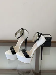 Detailed side view of 16cm platform stiletto sandals with black and white ankle straps