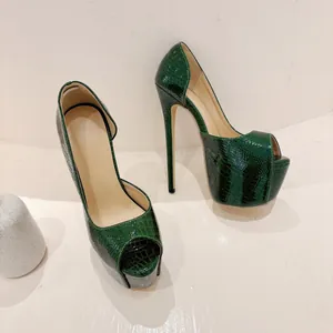 Dark green crocodile texture peep toe platform stiletto pumps with ultra high 16cm heels
