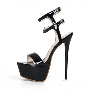 Detailed side view of black patent leather platform sandals with a 16cm stiletto heel