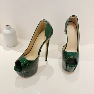 Dark green crocodile pattern 16cm peep toe high heels with thick platform and stiletto