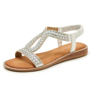 Eleganti sandali bassi boho da donna con strass scintillanti e cinturino elastico