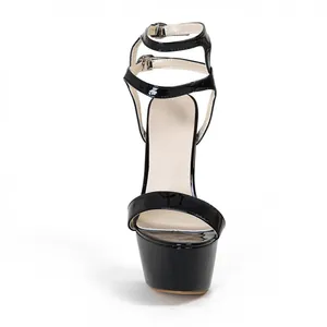 Elegant black patent leather platform sandals with thin ankle straps and high stiletto