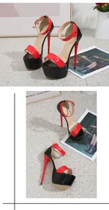 Detailed shot of red and black color block platform high heel sandals with an ankle strap