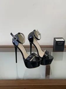 Elegant black patent leather 16cm platform sandals with sleek ankle strap design