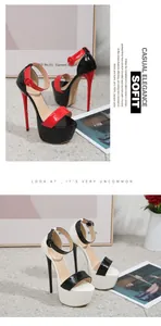 Close-up detail of sexy color-block stiletto sandals with platform and ankle strap