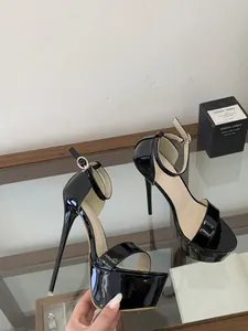 High-end black patent leather 16cm platform stiletto sandals with an ankle strap