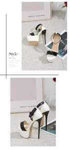 Detail view of stylish black and white color block platform stiletto heel sandals