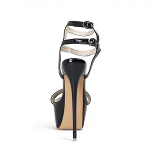 Detailed rear view of elegant black stiletto platform sandals with a 16cm ultra high heel