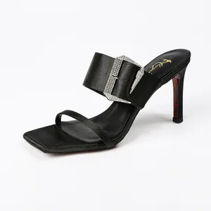 Elegant black square toe high heel sandals with rhinestone buckle and stiletto heel