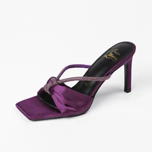 Elegant purple satin high heel sandals with rhinestone straps and square toe