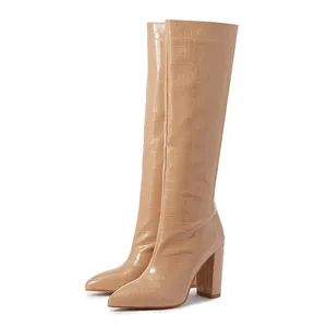 Elegant nude crocodile embossed pointed toe knee-high boots with chunky high heels