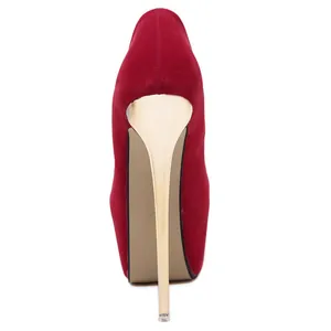 Detailed back view of sexy red suede platform pumps featuring high gold stiletto heels
