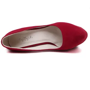 Detailed top view of red suede high heel platform pumps for women with inner logo