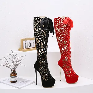 Women's Sexy Peep Toe Hollow Out Lace Up Sandal Boots Platform Stiletto Super High Heel Roman Style Leopard Print Over The Knee Boots