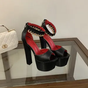 Sexy black platform high heel sandals with gold chain ankle straps and chunky heels
