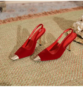 Elegant deep red velvet slingback stiletto heels with luxury gold pointed metal toe cap