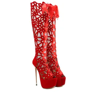 Red lace-up cutout high heel boots featuring peep toe and thick platform design