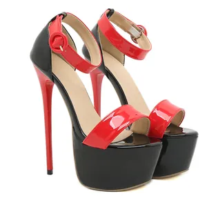 Close-up detail of sexy red and black color-block platform stiletto high heel sandals