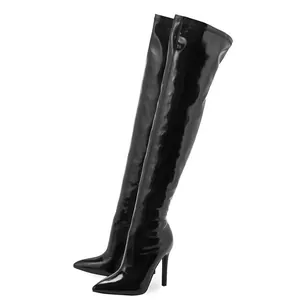 Elegant black patent leather thigh-high boots with pointed toe and thin stiletto heels.