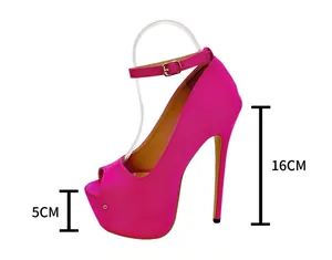 Detailed side view showing the 16cm heel and 5cm platform height of the pink sandals.