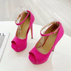 Detailed view of hot pink 16cm stiletto platform sandals with elegant ankle straps.