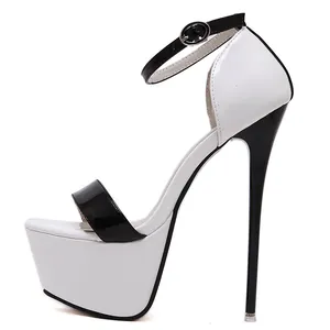 Elegant white and black two-tone high heel sandals with platform and stiletto for women