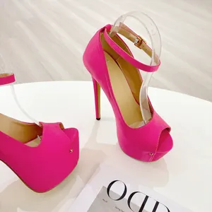 Close-up view of 16cm hot pink platform peep-toe sandals with ankle strap and stiletto heel