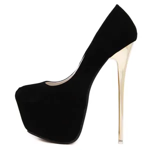 Detail profile view of sexy black suede platform pumps with gold stiletto high heels
