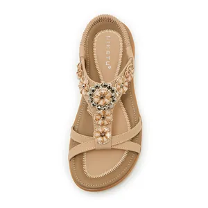Elegant Bohemian style floral bead sandals with comfortable elastic strap in light beige