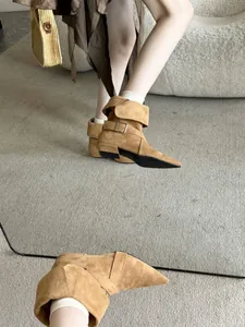 Detailed view of elegant brown suede pointed-toe ankle boots with buckle strap reflection