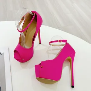 Detailed view of bright pink 16cm super high heel peep-toe platform sandals with strap