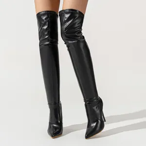 Elegant black stiletto over-the-knee boots for women made of premium faux leather