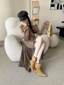 Stylish women's pointed-toe ankle boots with low chunky heels and buckle detail in brown