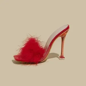 Fashionable sexy red feather high heel mules with transparent strap for runway catwalk