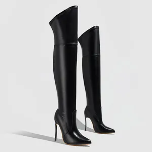 Elegant black over-the-knee thigh high boots with stiletto heels and pointed toe design