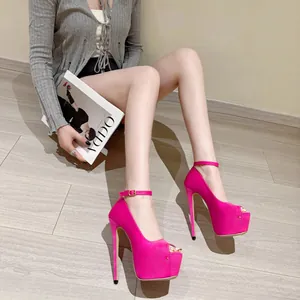 Stunning 16cm fuchsia platform peep-toe stiletto heels with sexy ankle strap for women