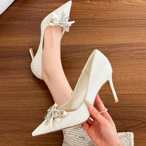Elegant French style white sequined wedding high heels with crystal bow and pointed toe design