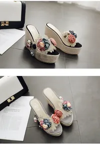 Handmade floral platform wedge slides with delicate lace and multi-color flower accents