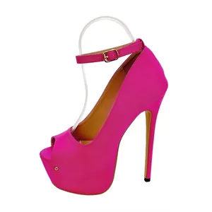 Detailed side view of sexy hot pink 16cm platform stiletto heels with adjustable ankle strap