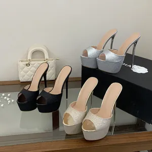 Collection of glitter platform high heel sandals with peep toe and stiletto heels