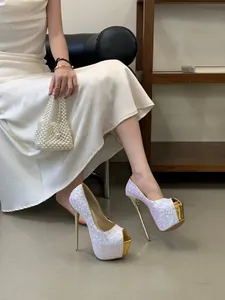 Elegant glitter peep-toe platform high heels with gold stiletto for weddings and gala events
