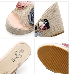 Detail view of women's wedge sandals with floral lace, pearls, and braided jute sole.