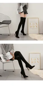 Black over-the-knee stiletto boots shown in standing and sitting poses for detail.