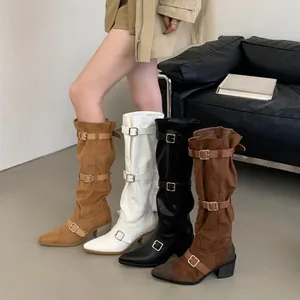 Detailed view of pointed-toe slouchy knee-high boots with buckle straps and block heel