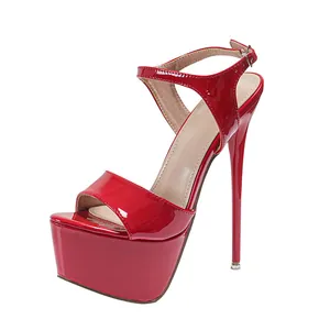 Sexy red patent leather platform sandals with ultra-high stiletto heels for women
