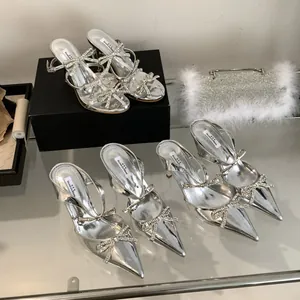Women Fashion Silver Rhinestone Bow High Heel Sandals Pointed Toe Stiletto Slingback Wedding Party Banquet Dress Shoes