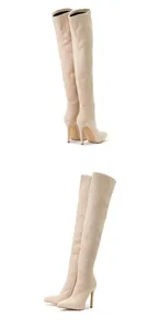 Elegant beige suede over-the-knee boots with high stiletto heels and pointed toes