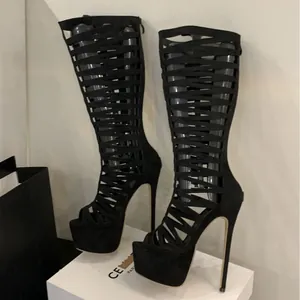 Sexy black hollow-out high heel stiletto boots with platform and Roman cage design
